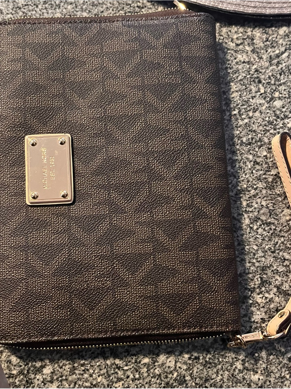 Michael Kors Dark Brown Signature Pouch with Gold Plate